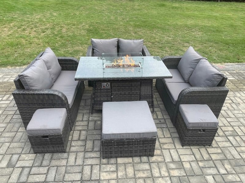 Fimous 9 Seater Outdoor Rattan Furniture Garden Dining Set Gas Fire Pit Table with Love Sofa 3 Footstools Dark Grey Mixed