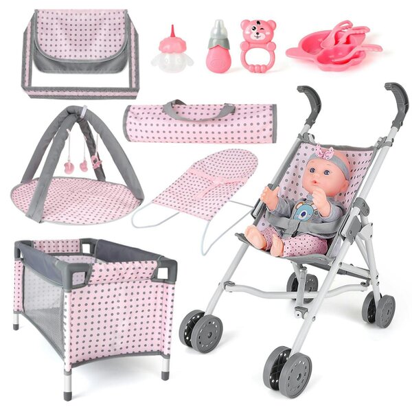 deAO Toys 6-in-1 Baby Doll Playset – Stroller, Doll Bed, Play Mat, Bouncer, Travel Bags & Feeding Accessories, Safe & Durable Gift for Kids 3+