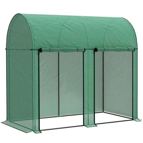 Green walk-in greenhouse with clear mesh panels and zipped front doors