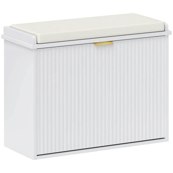 White shoe bench with cushioned top seat and ribbed storage door