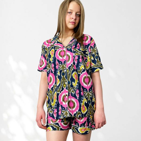 Hayley & Co Ikat Print Cotton Short Pyjama Set in Navy Blue and Pink