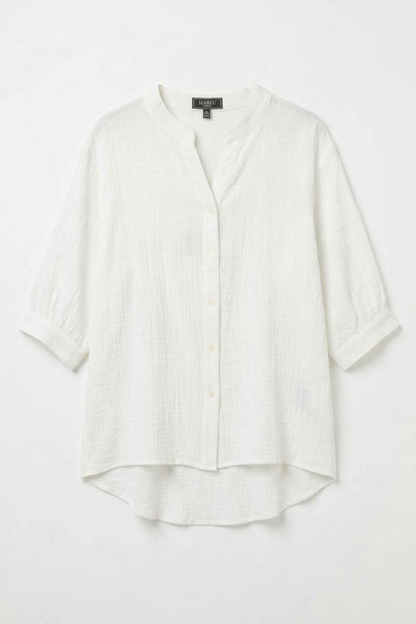 White | Relaxed Collarless 3/4 Sleeve Shirt
