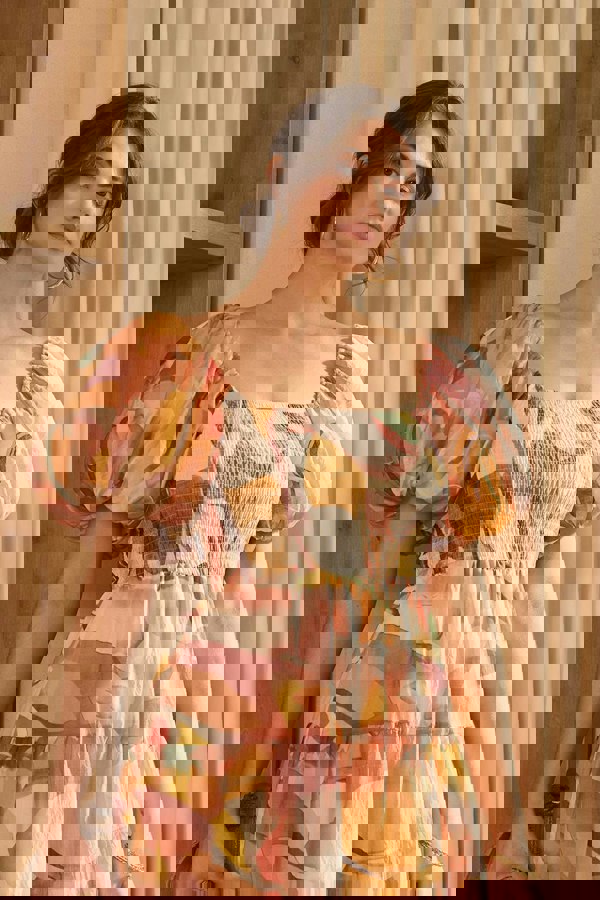 Coral | Printed Puff Sleeve Midi Dress