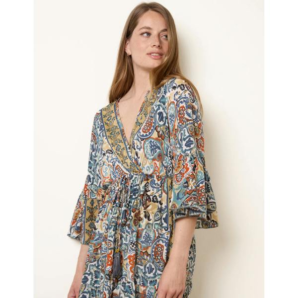 Blue Vanilla Wrap Over Tiered Art Silk Dress