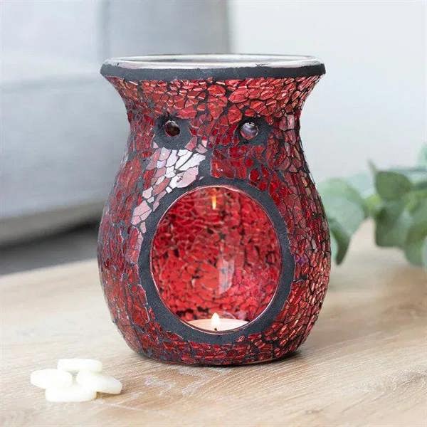Red crackle glass wax warmer with circular candle well and decorative mosaic finish