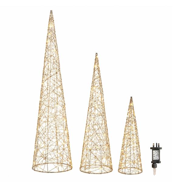 Samuel Alexander Set of 3 Gold Light Up Gold Christmas Cones Decorations with 120 Warm White LEDs