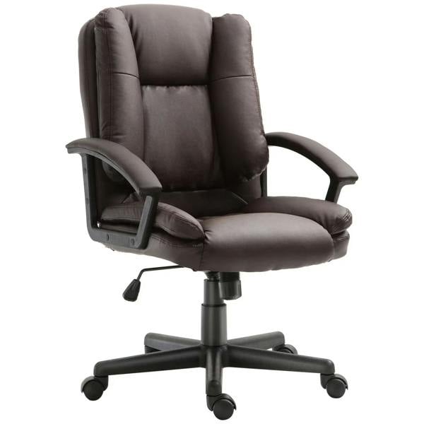 Brown mid-back office chair with padded armrests and swivel base, rolling casters