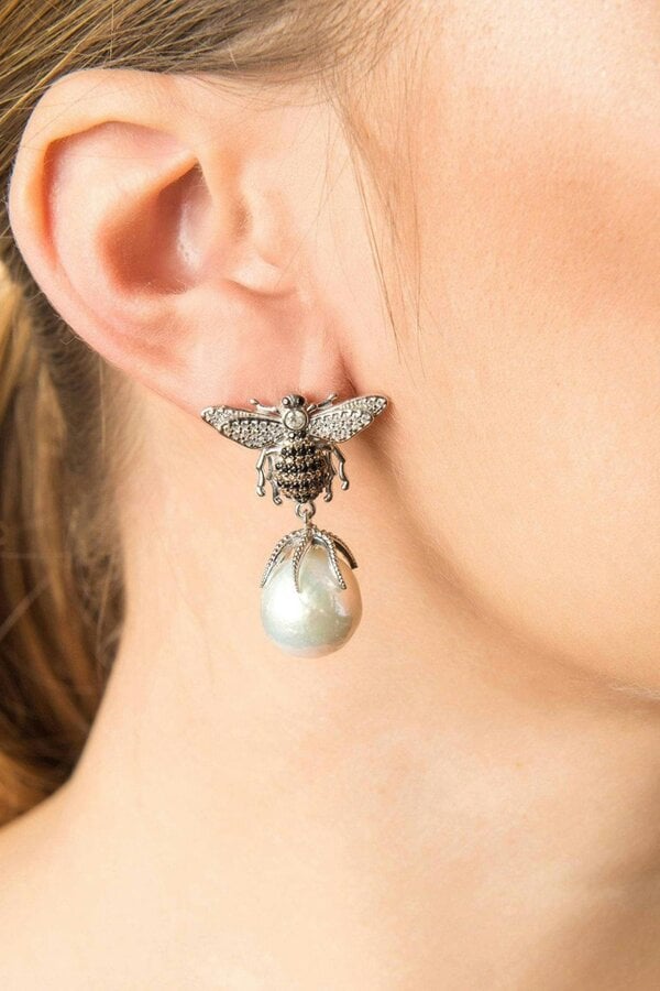 Latelita Baroque Pearl Honey Bee Drop Earrings Silver