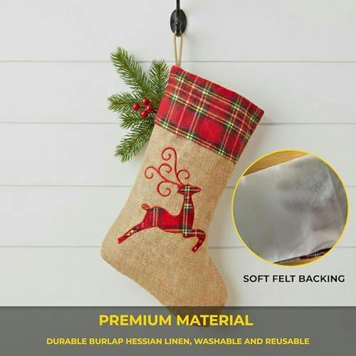 Large Christmas Stocking Reindeer Print Hessian Hanging Sack for Festive Home Decorations image 5