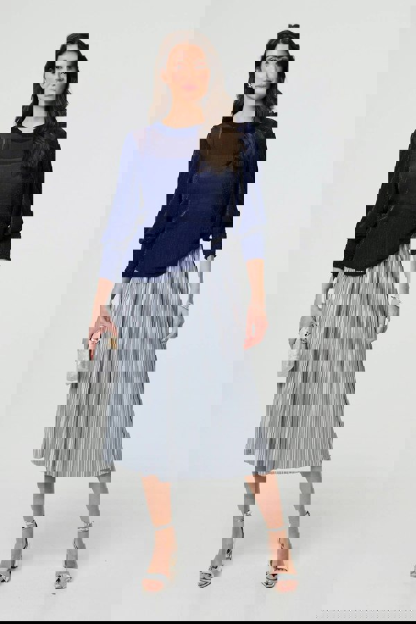 Navy | Sparkly 3/4 Puff Sleeve Mesh Top
