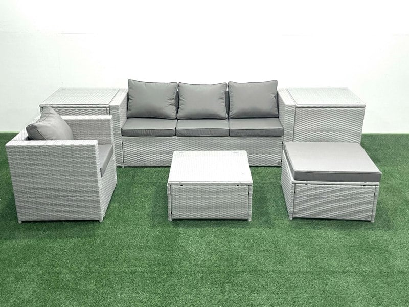 Fimous Garden Outdoor Furniture Set 5 Seater Rattan Sofa Set with Big Footstool Armchair 2 Side Tables Light Grey Mixed