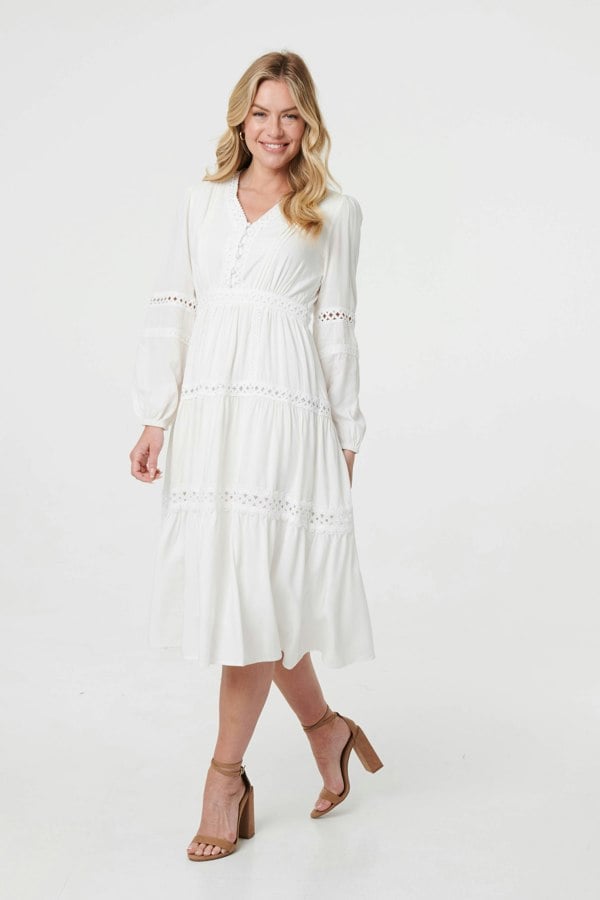 White | Lace Trim Long Sleeve Tiered Midi Dress : Model is 5'10"/178 cm and wears UK8/EU36/US4/AUS8
