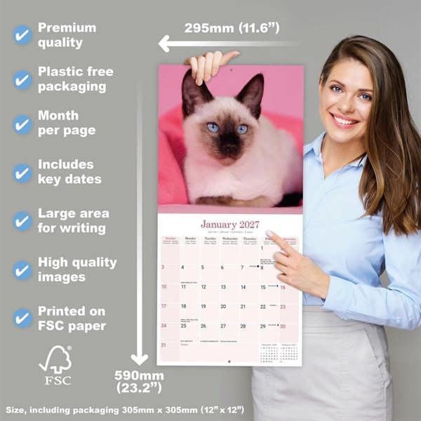 Siamese Cats Calendar 2027, Wall Calendars, Month To View, Cats, Gift