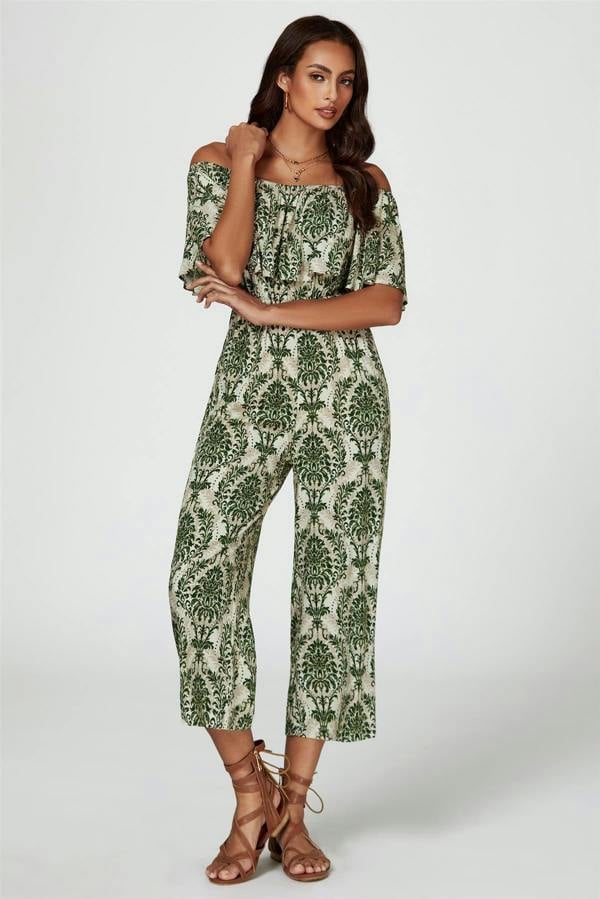 FS Collection Off The Shoulder Print Frill Jumpsuit In Green