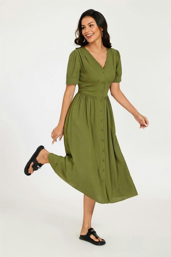 FS Collection Button Front Short Sleeve Midi Dress In Khaki Green