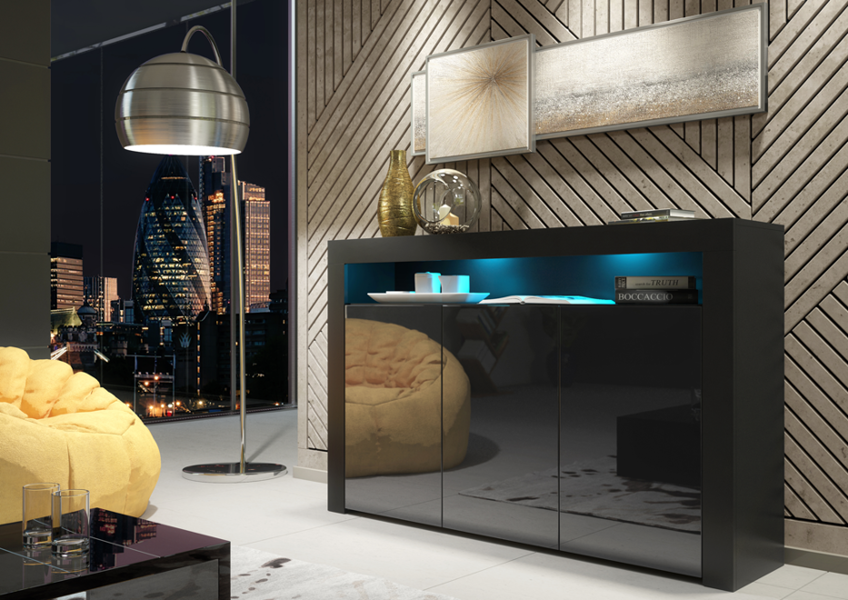 Mex Furniture 155cm Sideboard TV Stand Cupboard Cabinet – Black High Gloss Doors with Free LED