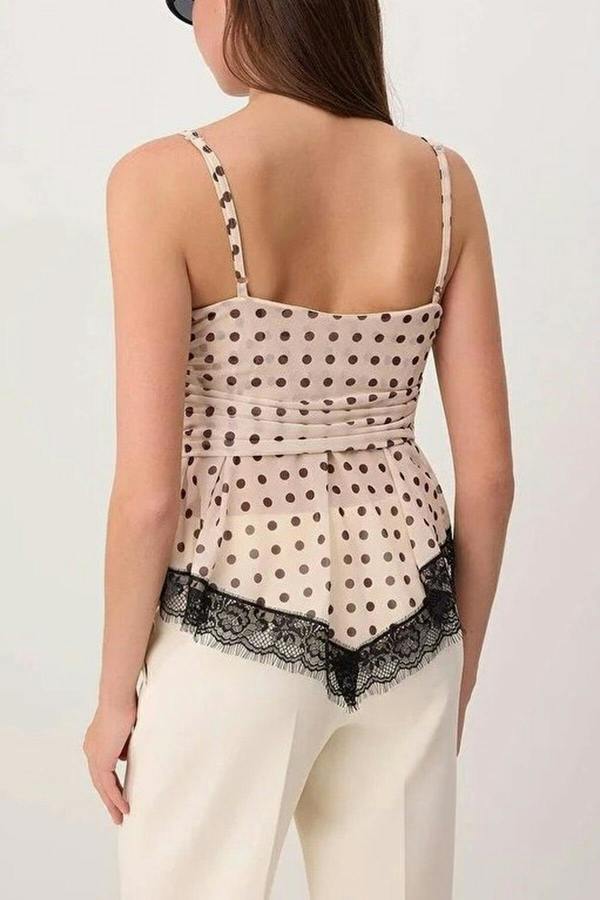 WOVCOR Polka Dot V-Neck Knitted Blouse with Lace Detail