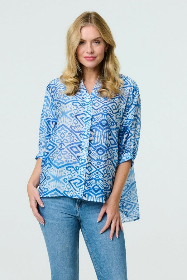 Blue | Aztec Print 3/4 Sleeve Relaxed Blouse
