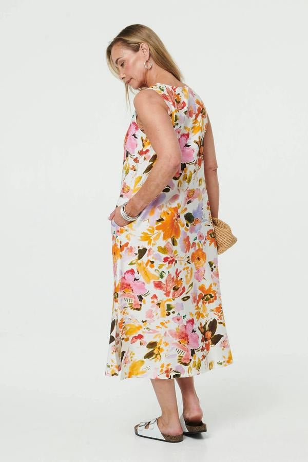 Orange | Floral Sleeveless V-Neck Midi Dress