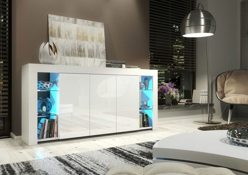 Mex Furniture Exclusive 164cm High Gloss White Sideboard TV Cabinet & Free LED Lights Modern Design