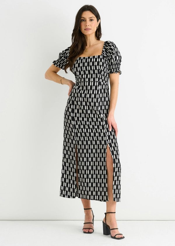 Gini London Black Geo Print Square Neck Midi Dress