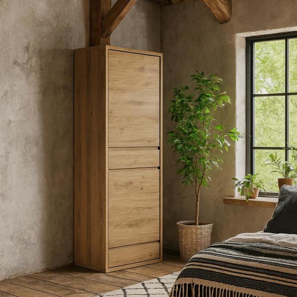 Wyld Haus Athens Natural Oak Wood Effect 2 Door 2 Drawer Tall Narrow Storage Cabinet