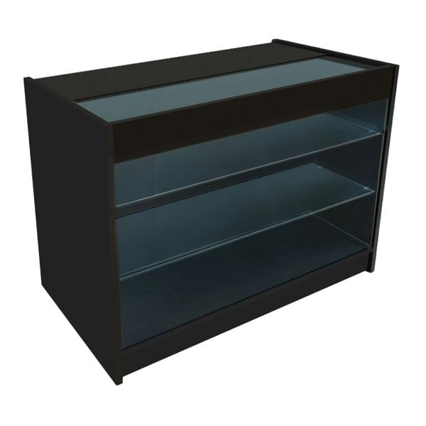 Black LED retail shop counter K1200 with glass shelves, sleek design, and modern finish, ideal for showcasing products