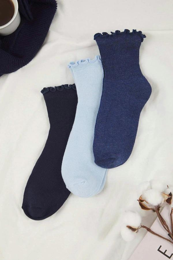 WOVCOR 3-Pack Cotton Elastic Knit Socks with Lettuce Detail