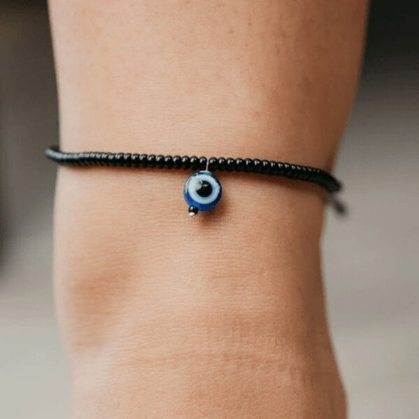 The Colourful Aura Adjustable Black Threaded Bead Blue Evil Eye Indian Nazaria Dangle Anklet