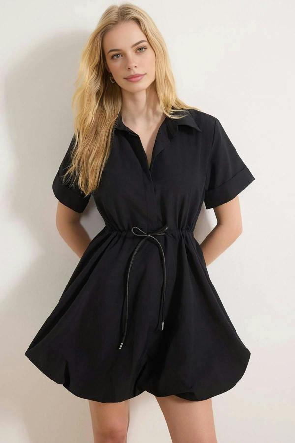 WOVCOR Lace-Up Mini Balloon Skirt Detail Woven Dress