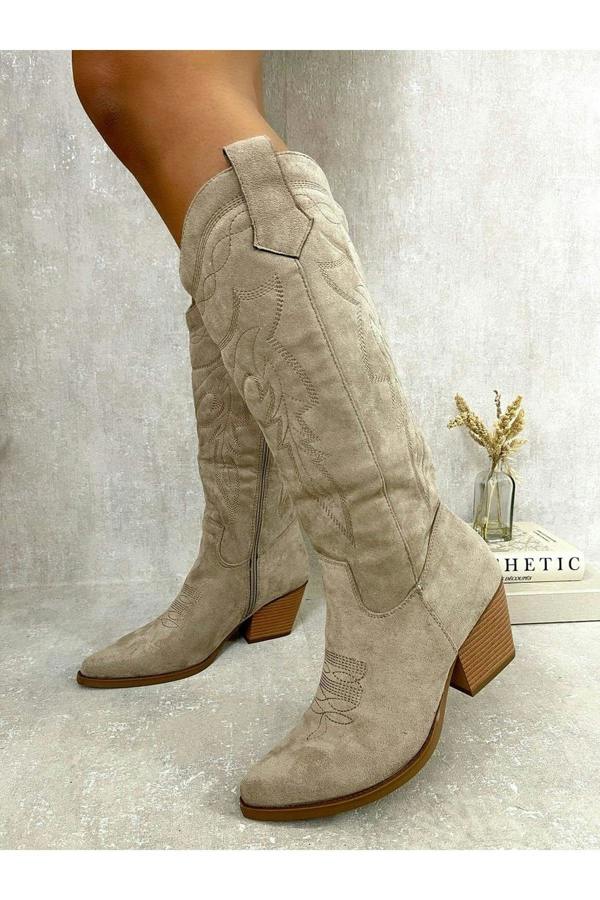 Samira Block Heel Cowboy Boots - Beige