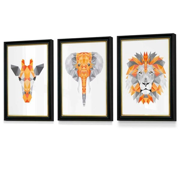 Artze Wall Art Framed Geometric set of 3 ORANGE Giraffe Lion Elephant