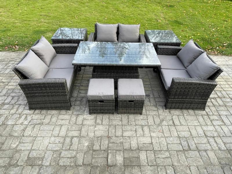 Fimous Wicker PE Rattan Garden Set, Adj Height Table Sofa Dining, Double Seat Sofa, 2 Small Footstools and 2 Side Tables, Dark Grey Mixed
