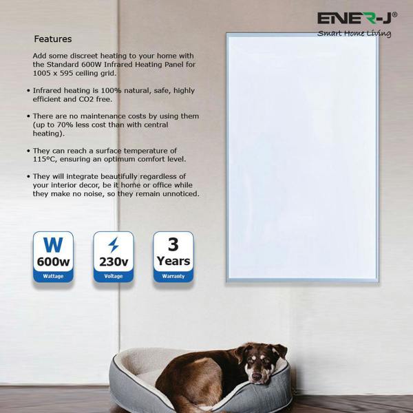Ener-J 600W Infrared Heating Panel, 1005 x 595mm Far Infrared Wall or Ceiling Mounted, White