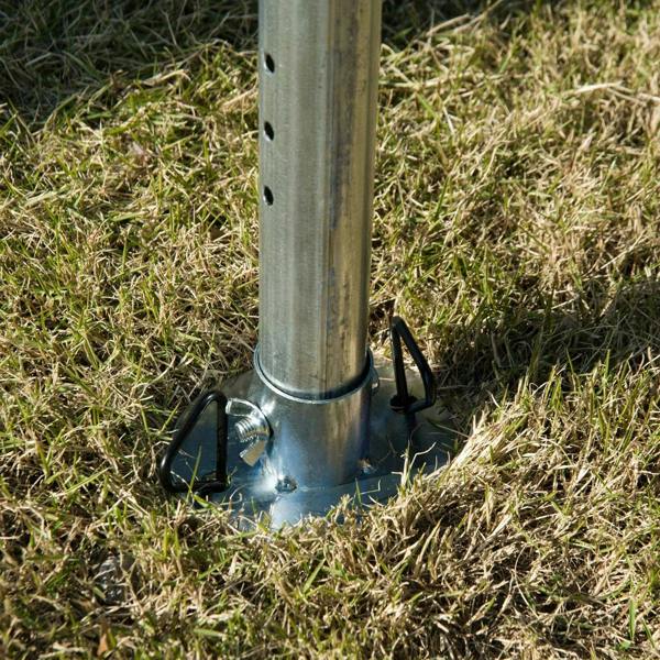 Steel ground stake base with bracket holding gazebo frame in grass