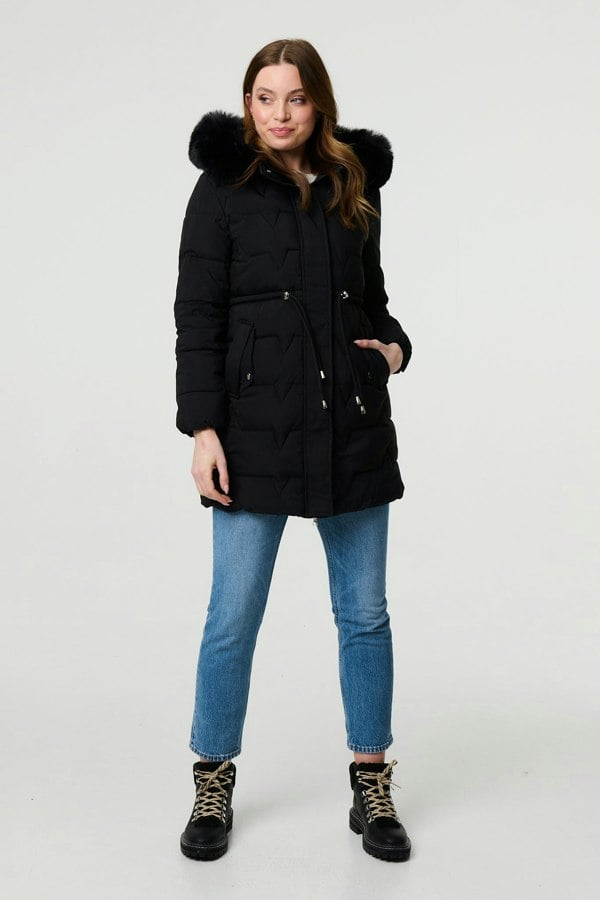 Black | Faux Fur Hooded Tie Waist Puffer Jacket

