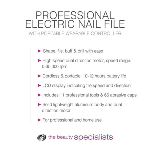 image listing bulleted text features of electric nail filer: Shape, file buff and drill with ease, high speed dual direction motor, speed range: 0-35,000 rpm, cordless and protable 10-12 hours battery life, LCD display indicating file speed and direction, includes 11 professional tools & 66 abrasive caps, solid lightweight aluminium body and dual direction motor, for professional and home use 