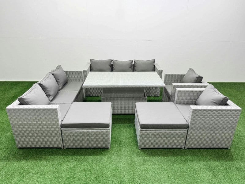 Fimous 7 PCs Rising Dining Table Set Rattan Furniture Set with 3 Seater Sofa Chair 2 Big Footstools Light Grey