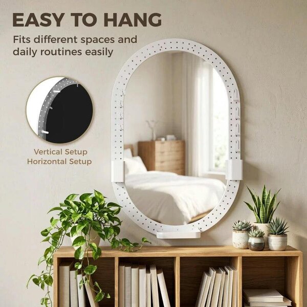 Oval Wall Mirror, 60 x 90 cm Decorative Hanging Mirror with Pegboard Frame, Wall-Mounted, White