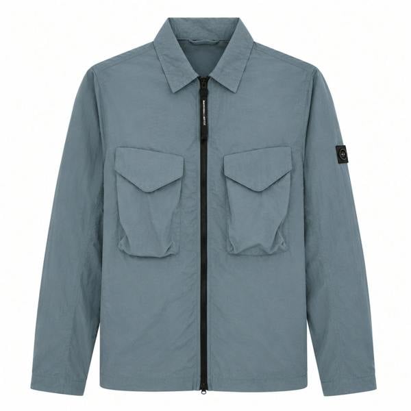 Marshall Artist Cayton storm grey overshirt with a full zip, two front flap pockets, and a sleeve logo patch.
