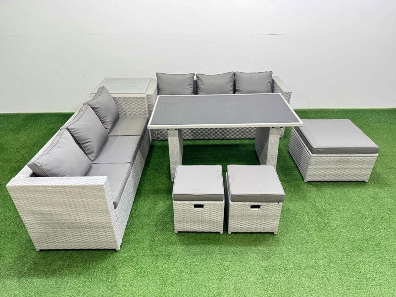 Fimous Rattan Garden Furniture Dining Set 9 seater Patio Rectangular Table Sofa Set with Side Table 3 Stools Light Grey