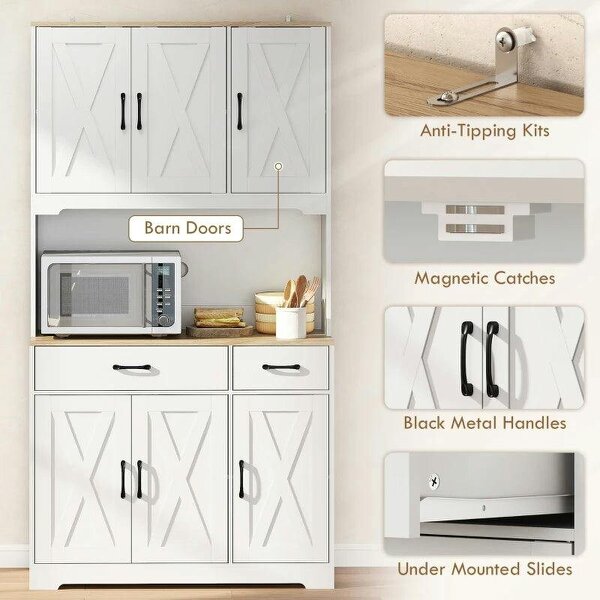 175 cm Tall Kitchen Pantry Cabinet with Microwave Stand, Freestanding Pantry Cupboard, White
