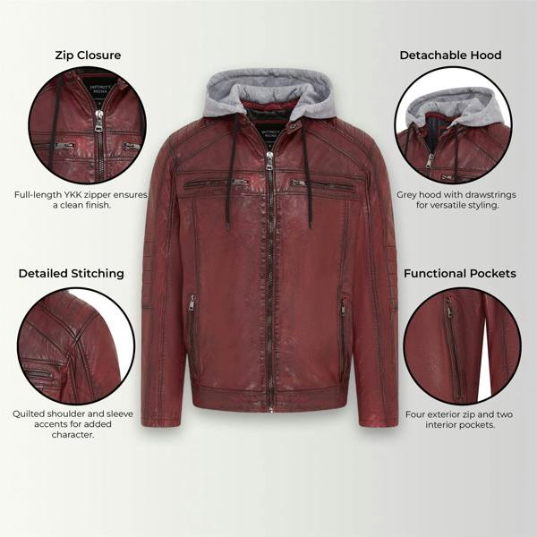 Infinity Leather Men's Hooded Biker Lamb Leather Jacket - Burten