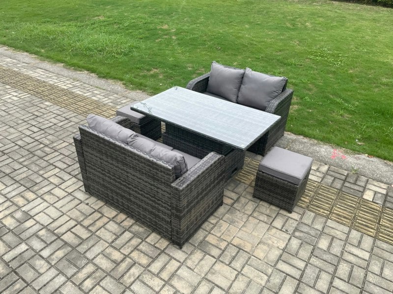 Fimous Outdoor Rattan Furniture Garden Dining Set Height Adjustable Rising lifting Table Love Sofa Set With 2 Small Footstools Dark Grey Mixed