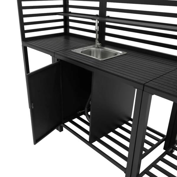 Aluminium outdoor kitchen set featuring a sleek black finish, slatted shelves, a stainless steel sink, and ample storage space