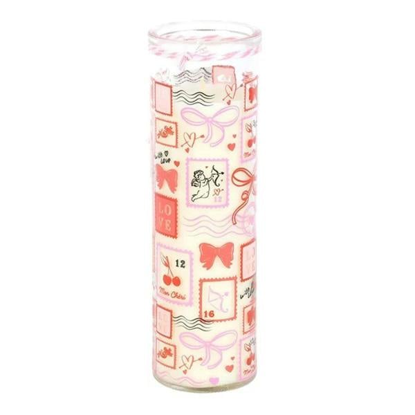 Valentine tube candle in clear glass with red and pink stamp and heart motifs