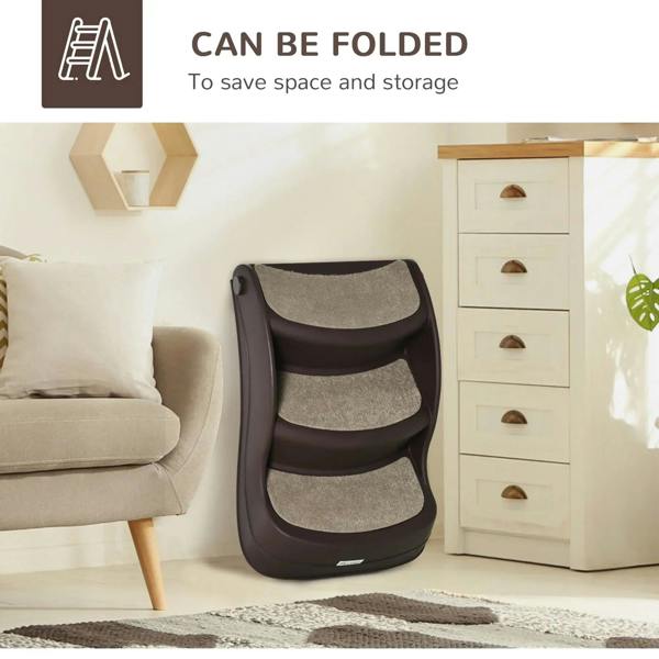 Brown foldable 3-step dog stairs with beige non-slip treads beside sofa