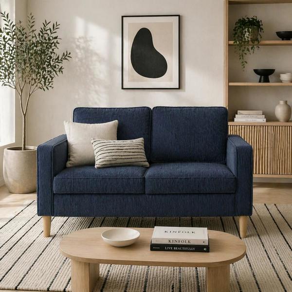 Wyld Haus Rozike Nodi Corduroy Blue Compact 2 Seater Sofa Natural Wooden Legs