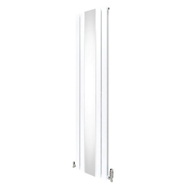 Sleek white flat mirror radiator measuring 1800mm x 425mm, featuring modern design and chrome valves for stylish heating solutions