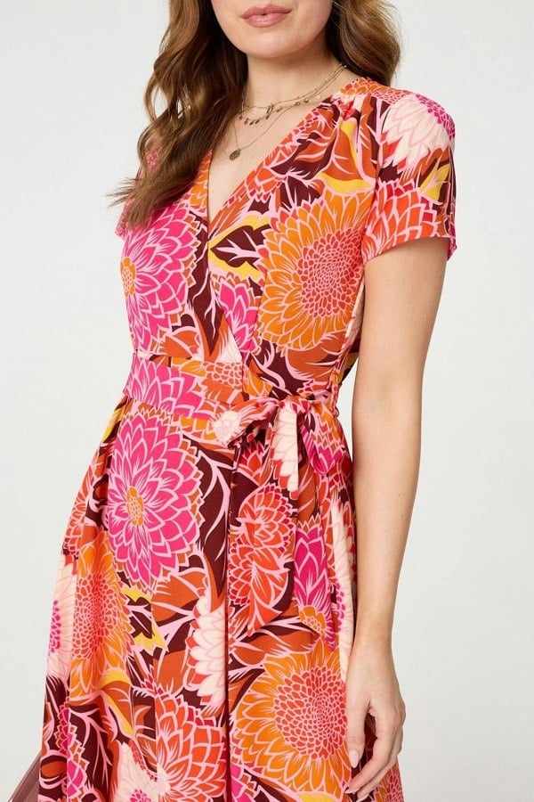 Pink | Floral Short Sleeve Tie Waist Midi Dress
